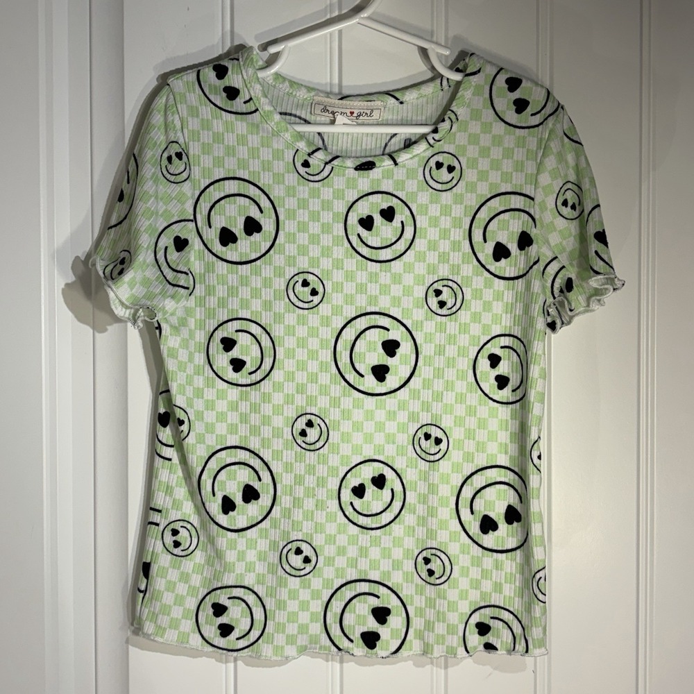 Dream Girl Green Gingham Heart Eyes Smiley Face Ribbed Tee Ruffled Edge Kids 8
